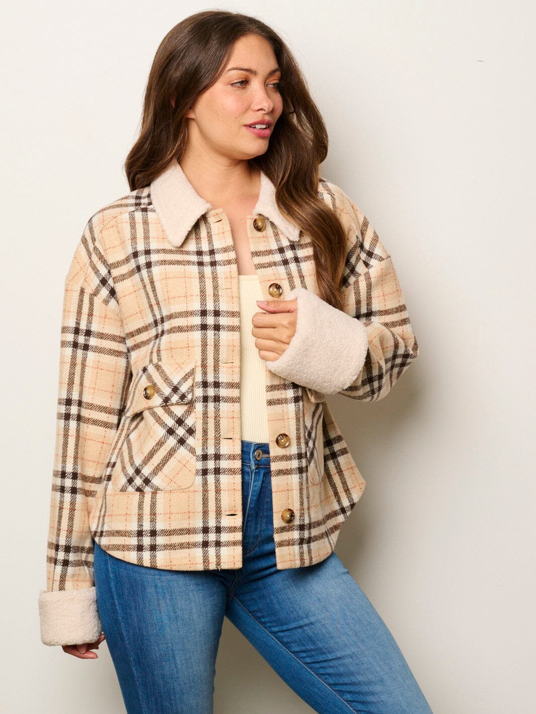 WOMEN'S LONG SLEEVE BUTTON UP POCKETS SHERPA PLAID JACKET