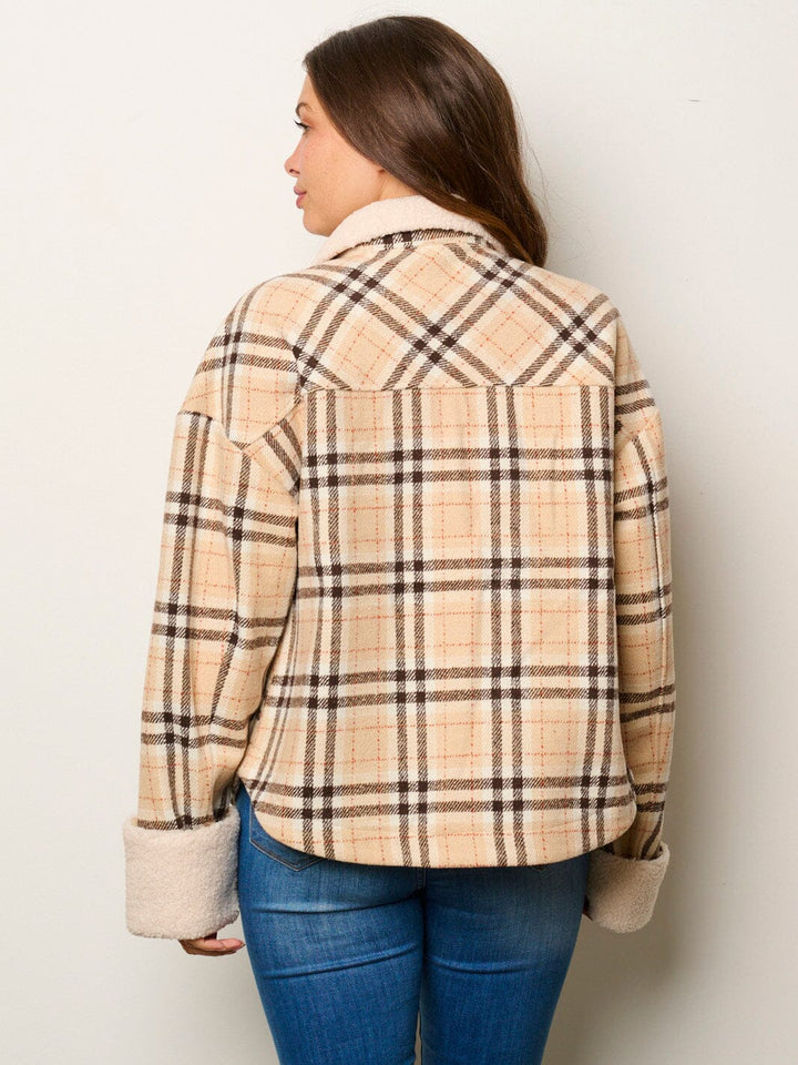 WOMEN'S LONG SLEEVE BUTTON UP POCKETS SHERPA PLAID JACKET