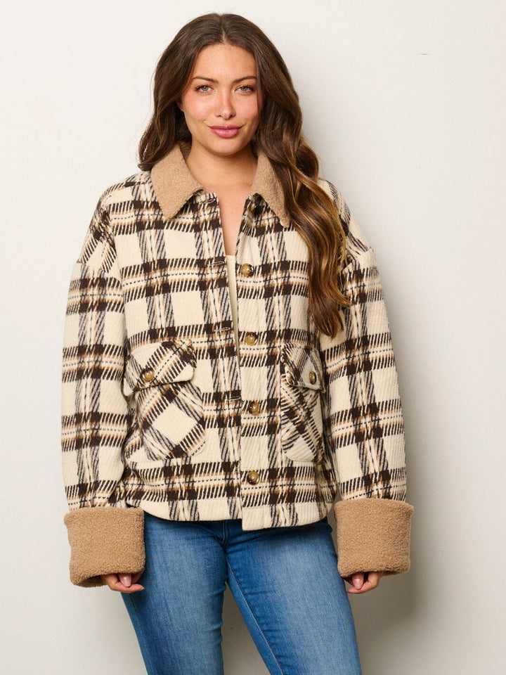 WOMEN'S LONG SLEEVE BUTTON UP POCKETS SHERPA PLAID JACKET