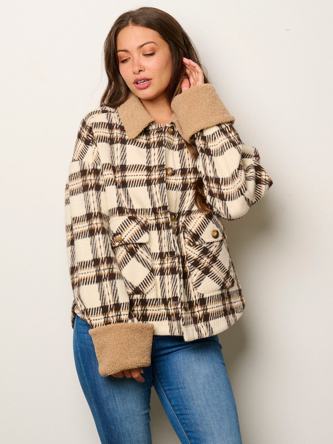 WOMEN'S LONG SLEEVE BUTTON UP POCKETS SHERPA PLAID JACKET