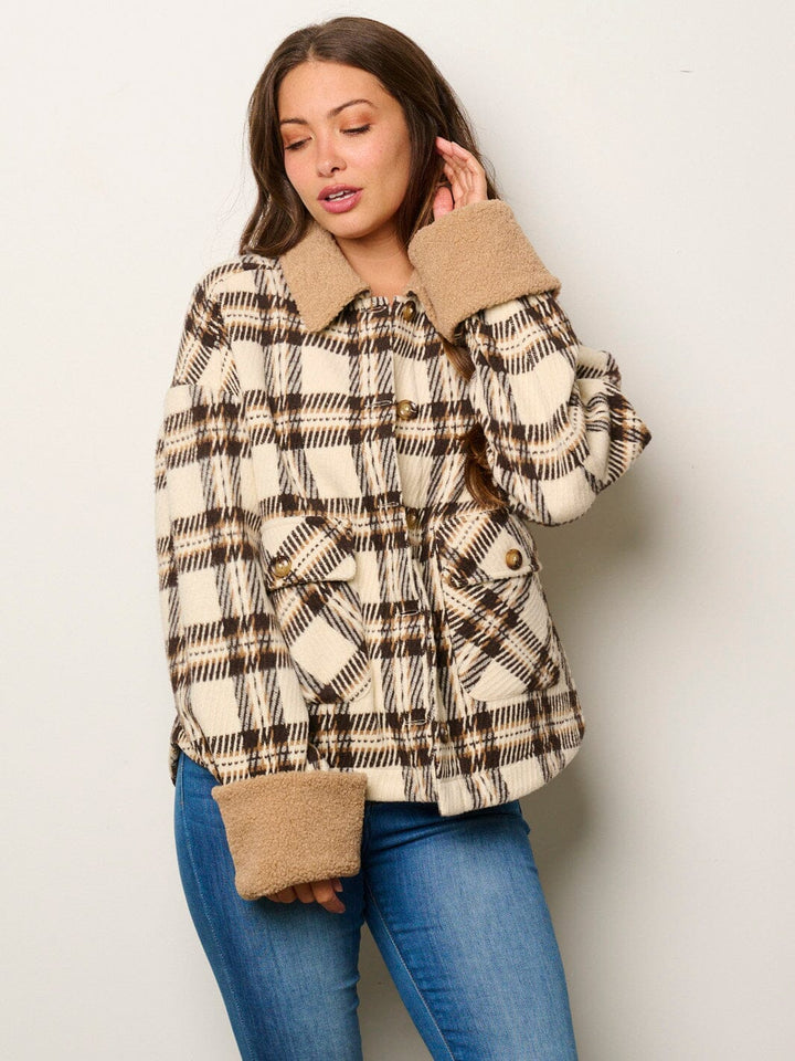 WOMEN'S LONG SLEEVE BUTTON UP POCKETS SHERPA PLAID JACKET