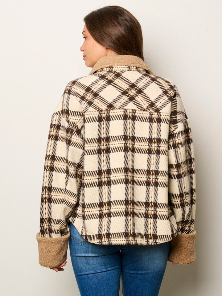 WOMEN'S LONG SLEEVE BUTTON UP POCKETS SHERPA PLAID JACKET