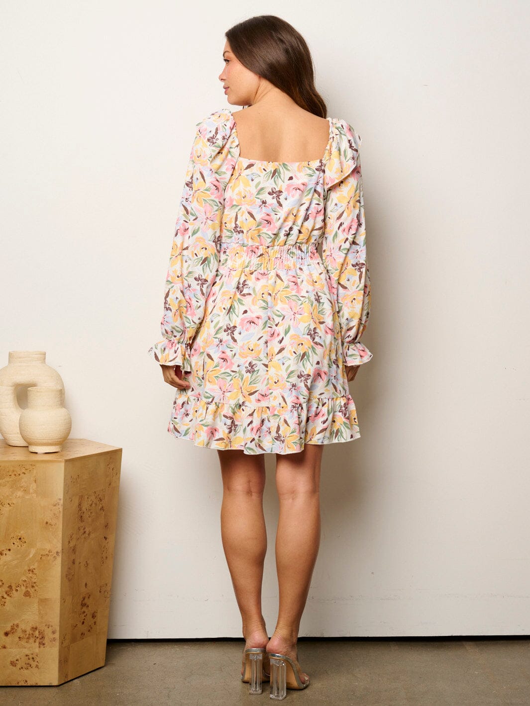 WOMEN'S LONG SLEEVE FIT & FLARE RUFFLE FLORAL MINI DRESS