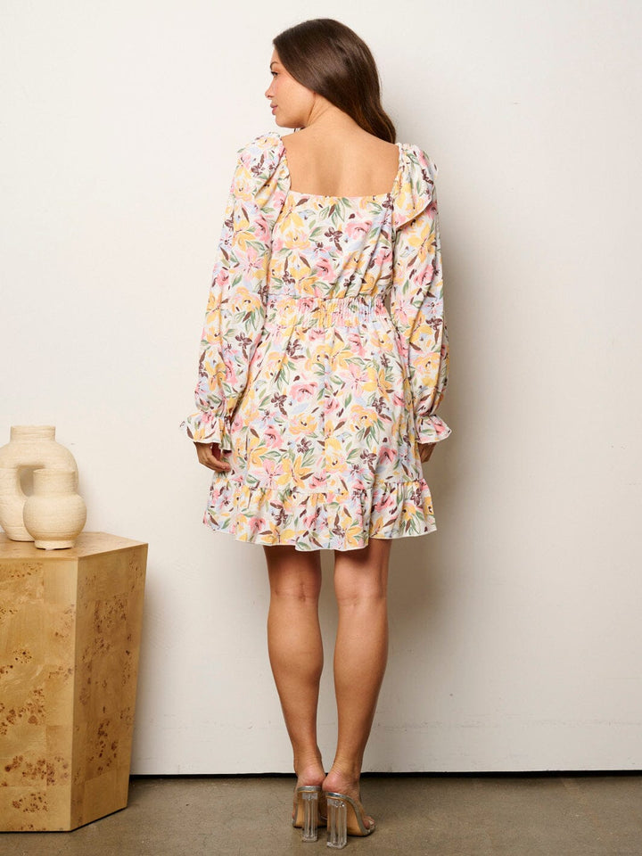WOMEN'S LONG SLEEVE FIT & FLARE RUFFLE FLORAL MINI DRESS