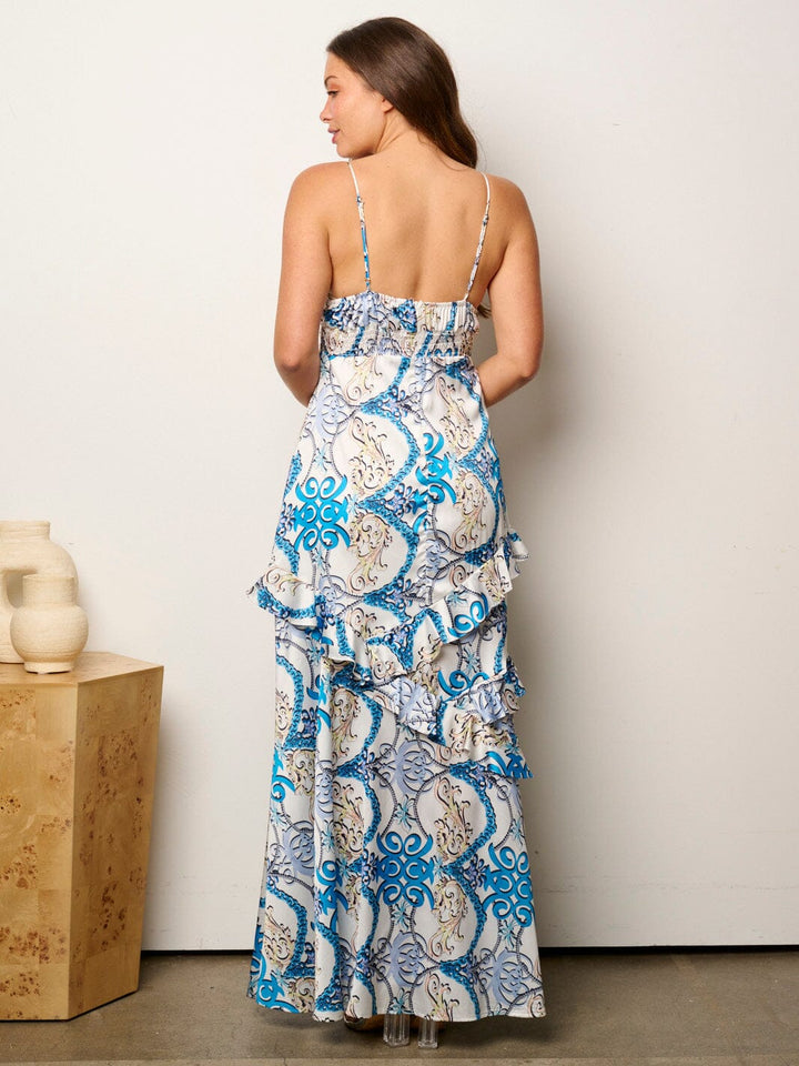 WOMEN'S SLEEVELESS V-NECK FRONT SLIT RUFFLE PRINT MAXI DRESS
