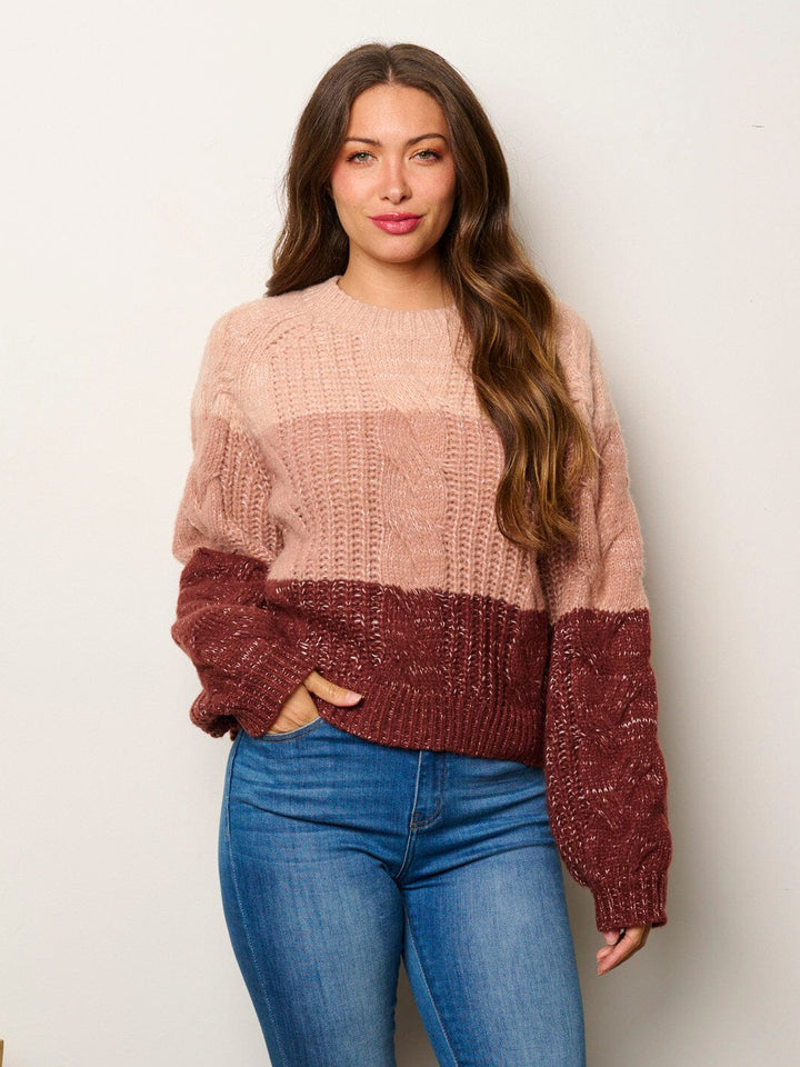 WOMEN'S LONG SLEEVE COLORBLOCK KNITTED PULLOVER SWEATER