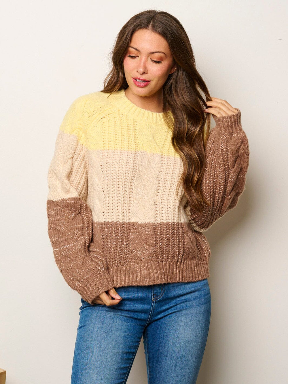WOMEN'S LONG SLEEVE COLORBLOCK KNITTED PULLOVER SWEATER