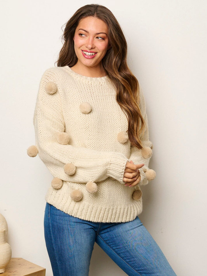 WOMEN'S LONG SLEEVE POM POM'S DETAILED PULLOVER SWEATER