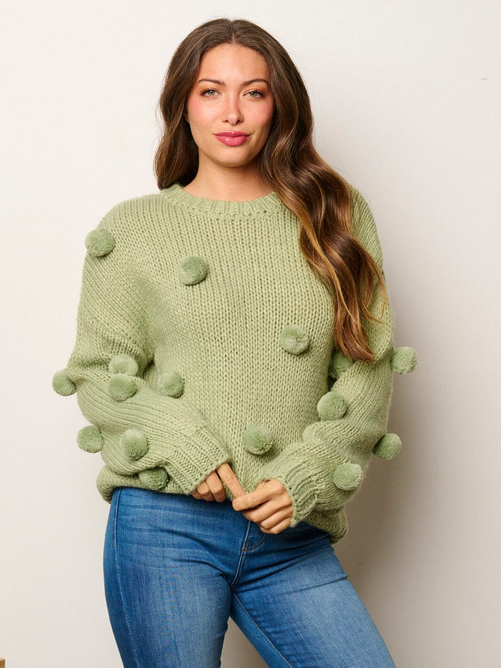 WOMEN'S LONG SLEEVE POM POM'S DETAILED PULLOVER SWEATER