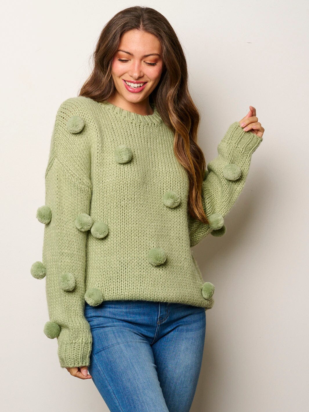 WOMEN'S LONG SLEEVE POM POM'S DETAILED PULLOVER SWEATER
