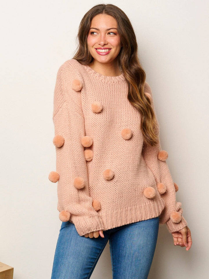 WOMEN'S LONG SLEEVE POM POM'S DETAILED PULLOVER SWEATER