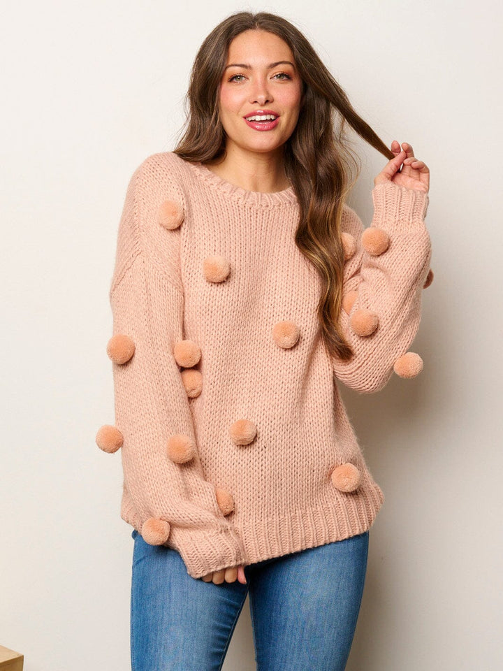 WOMEN'S LONG SLEEVE POM POM'S DETAILED PULLOVER SWEATER
