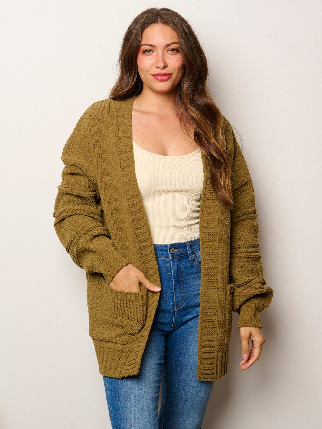 WOMEN'S LONG SLEEVE OPEN FRONT POCKETS CARDIGAN