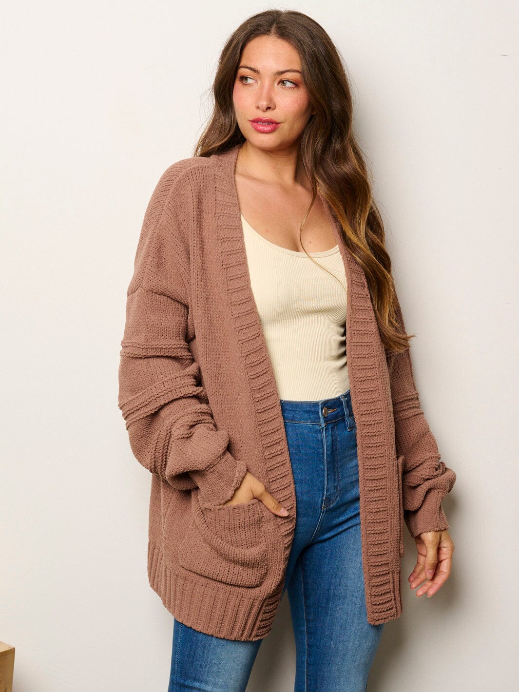 WOMEN'S LONG SLEEVE OPEN FRONT POCKETS CARDIGAN