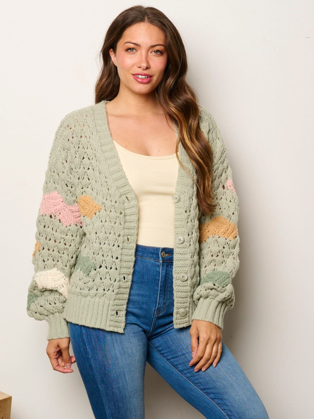 WOMEN'S LONG SLEEVE BUTTON UP COLORBLOCK KNIT SWEATER