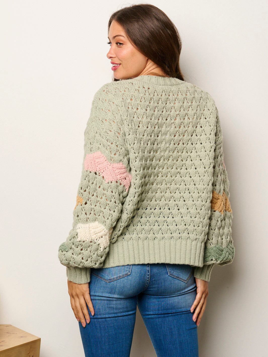 WOMEN'S LONG SLEEVE BUTTON UP COLORBLOCK KNIT SWEATER