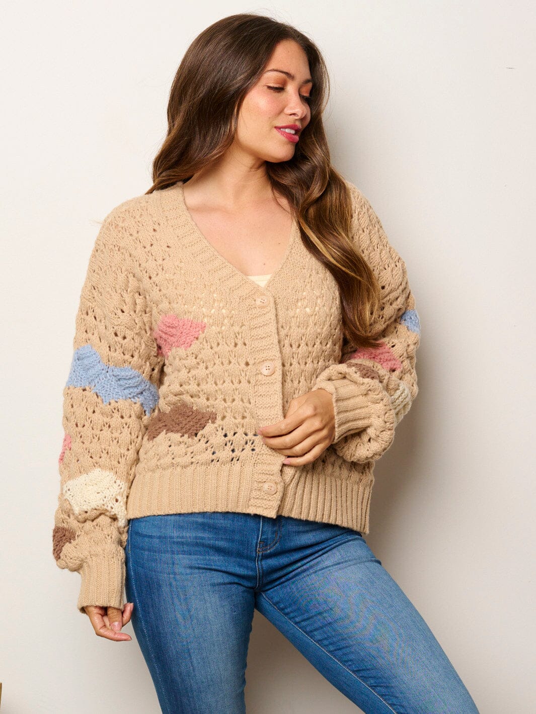 WOMEN'S LONG SLEEVE BUTTON UP COLORBLOCK KNIT SWEATER