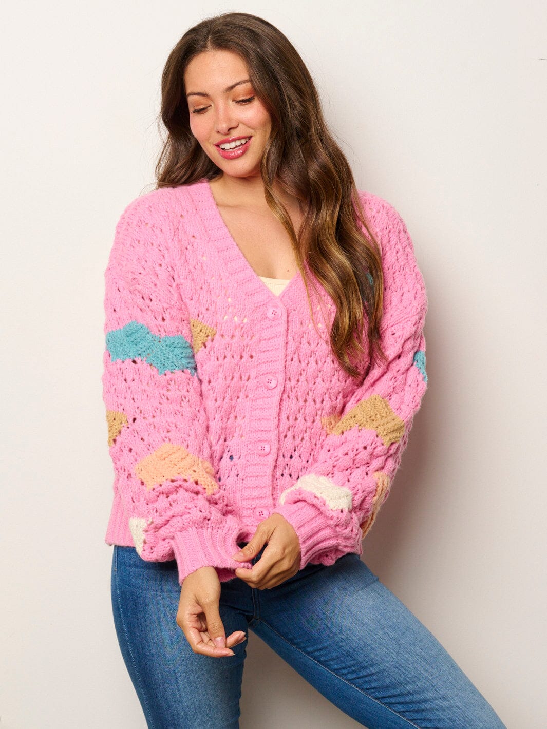 WOMEN'S LONG SLEEVE BUTTON UP COLORBLOCK KNIT SWEATER