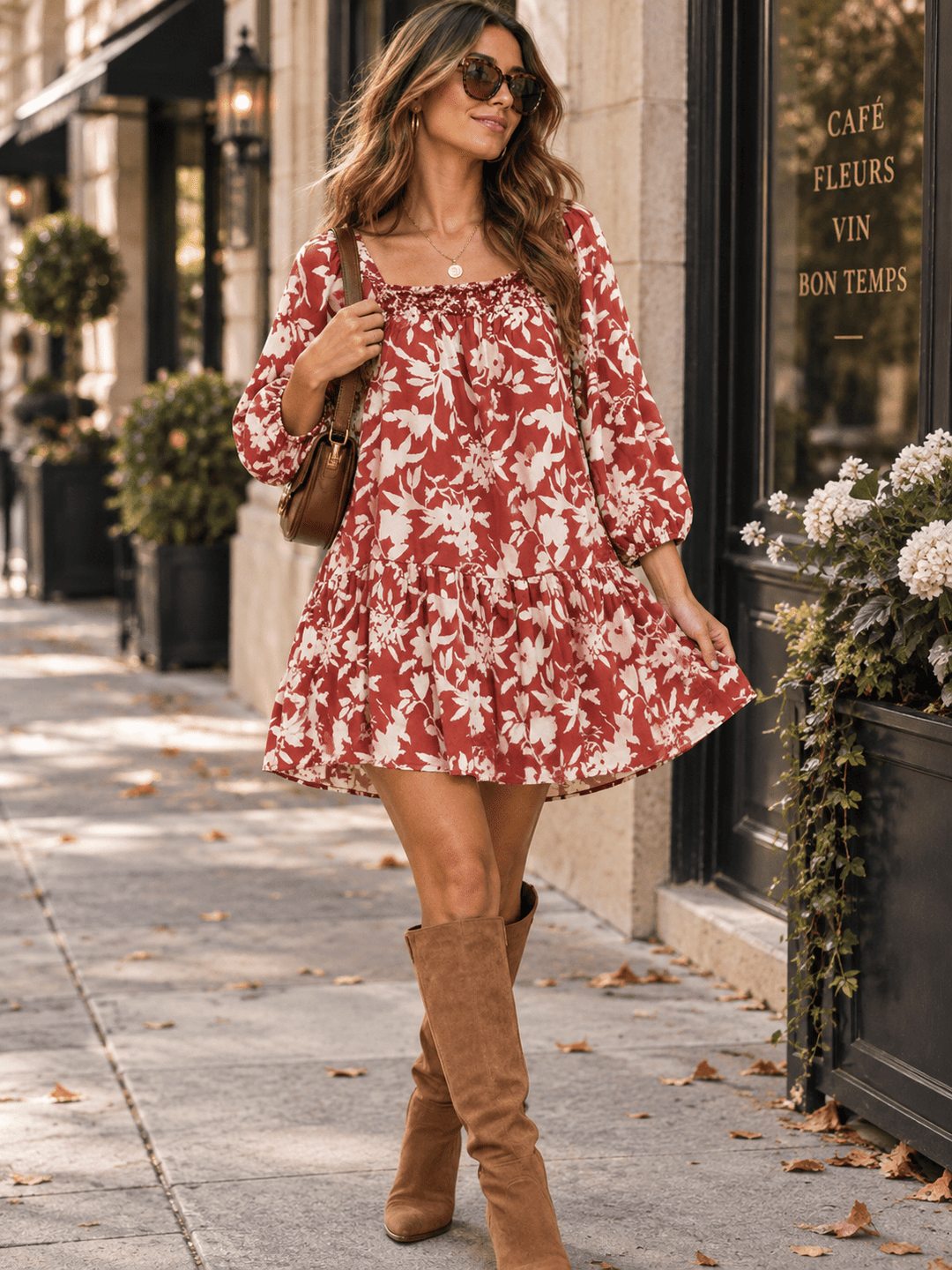ENTRO WOMEN'S 3/4 SLEEVE SQUARE NECK FLORAL PRINT MINI DRESS