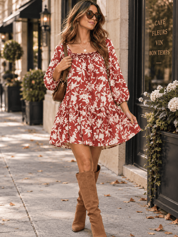 ENTRO WOMEN'S 3/4 SLEEVE SQUARE NECK FLORAL PRINT MINI DRESS