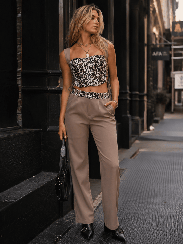 WOMEN'S SLEEVELESS CROP TOP & BUTTON CLOSURE POCKETS STRAIGHT LEG PANTS ANIMAL PRINT 2PC. SET