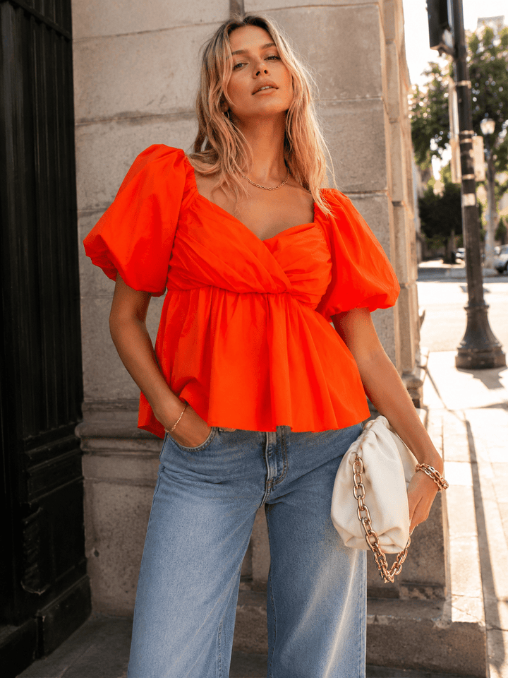 WOMEN'S SHORT PUFF SLEEVE SURPLICE SMOCK PEPLUM BLOUSE