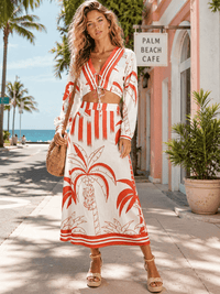 WOMEN'S LONG SLEEVE CROP TOP & ELASTIC WAIST MAXI SKIRTS PRINT 2PC. SET
