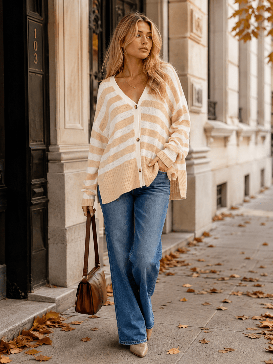 WOMEN'S LONG SLEEVE BUTTON UP COLORBLOCK STRIPES KNIT CARDIGAN