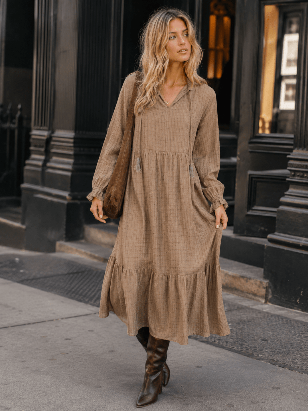 WOMEN'S LONG SLEEVE V-NECK TIERED MAXI DRESS –