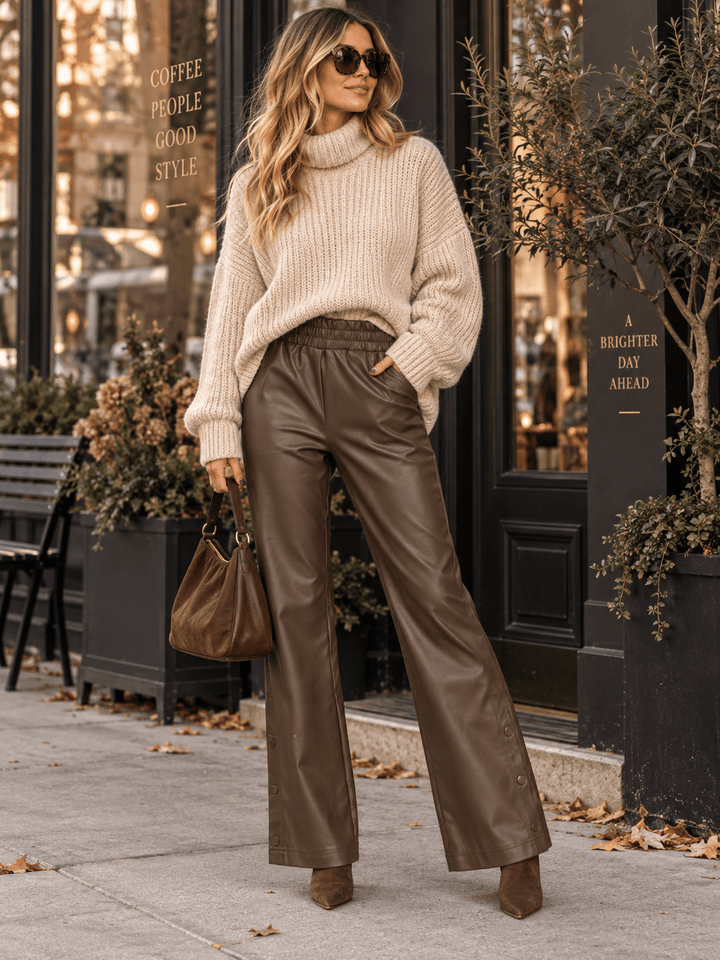 WOMEN'S ELASTIC WAIST FRONT POCKETS STRAIGHT LEG PU PLEATHER PANTS