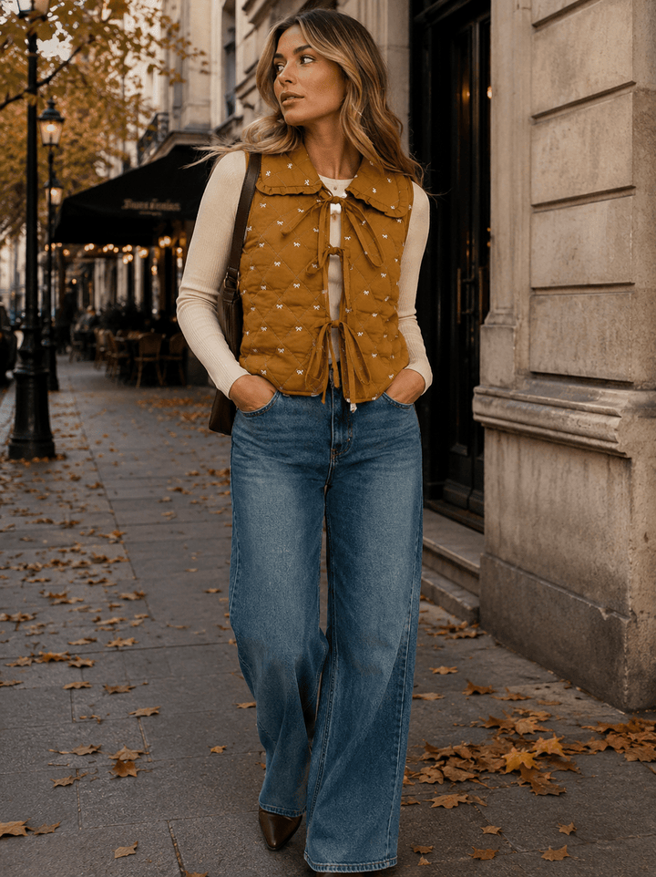 WOMEN'S SLEEVELESS FRONT TIE BOWS EMBROIDERY VEST