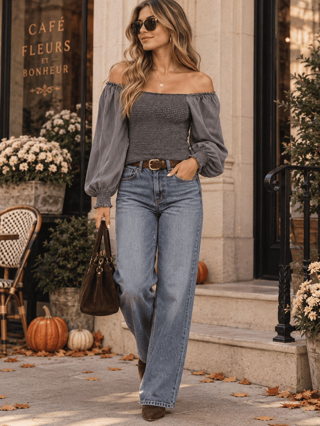 WOMEN'S LONG SLEEVE OFF SHOULDER SMOCK BLOUSE