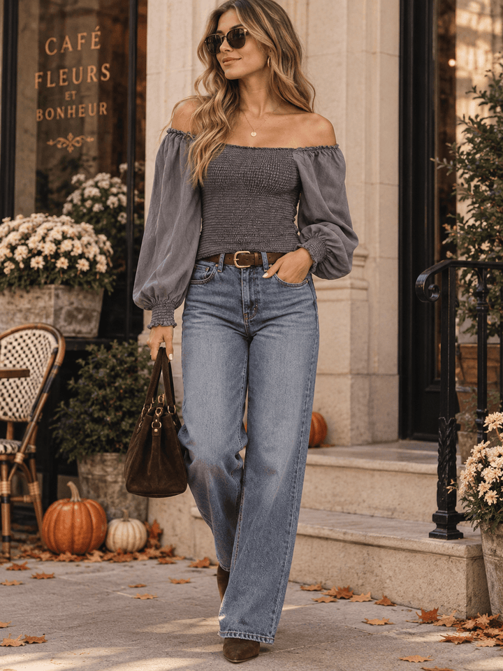 WOMEN'S LONG SLEEVE OFF SHOULDER SMOCK BLOUSE