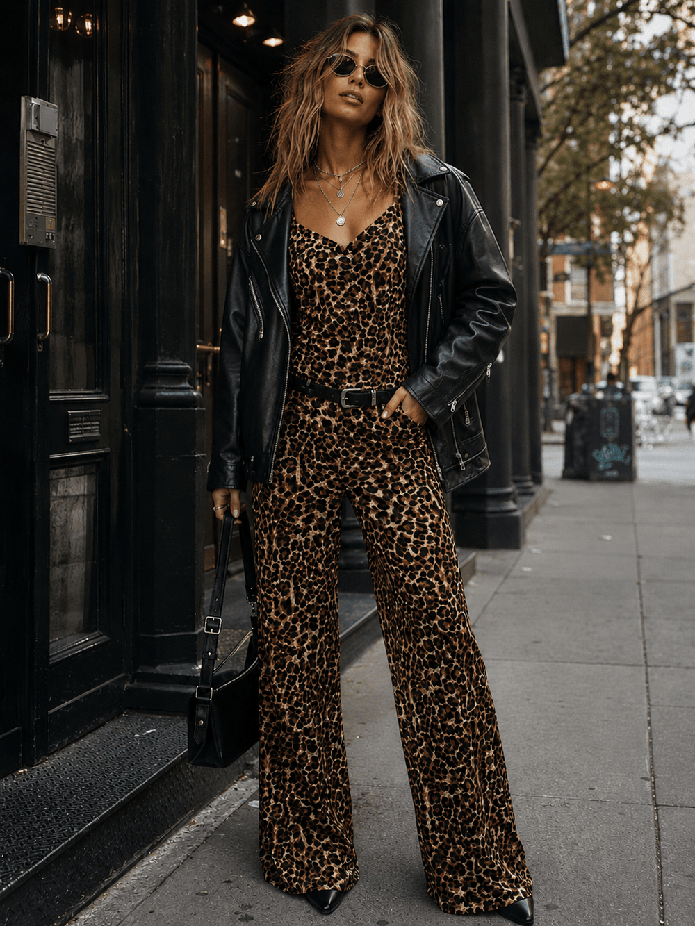 WOMEN'S SLEEVELESS ELASTIC EAIST ANIMAL PRINT WIDE LEG JUMPSUIT