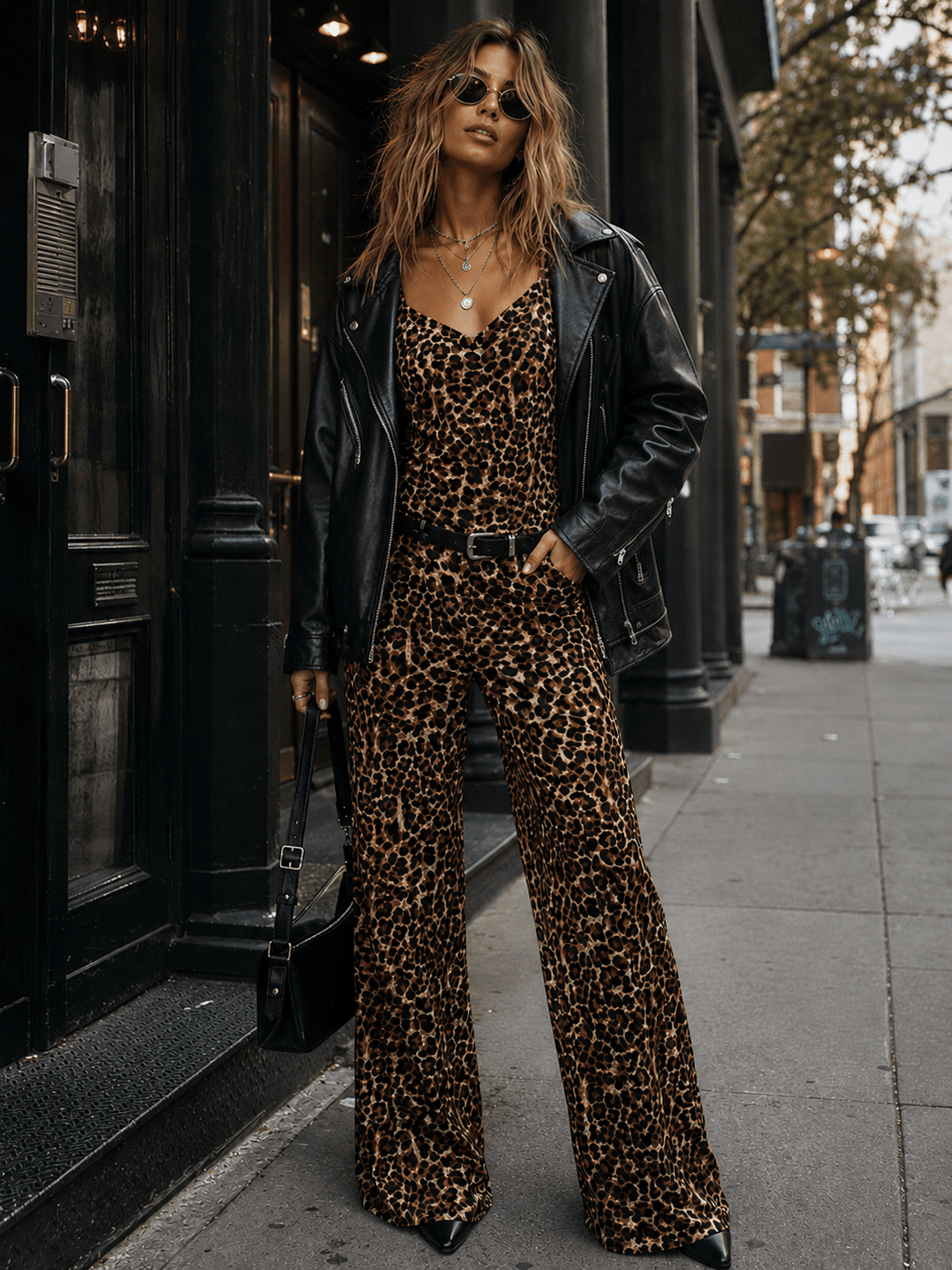 WOMEN'S SLEEVELESS ELASTIC EAIST ANIMAL PRINT WIDE LEG JUMPSUIT
