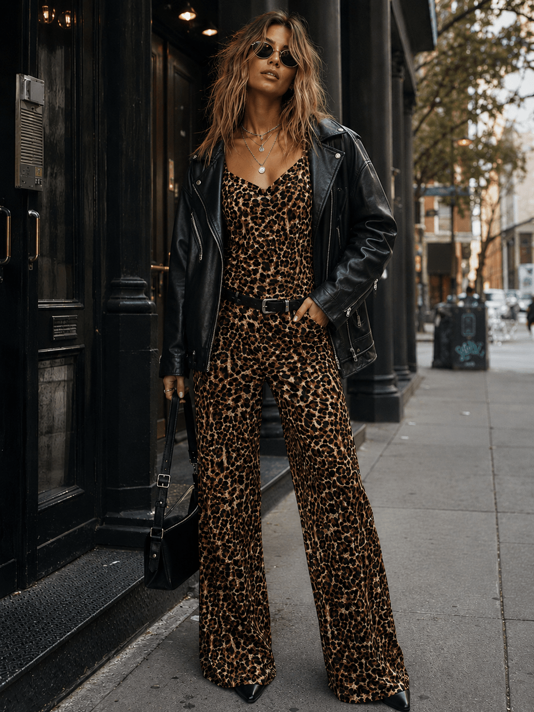 WOMEN'S SLEEVELESS ELASTIC EAIST ANIMAL PRINT WIDE LEG JUMPSUIT