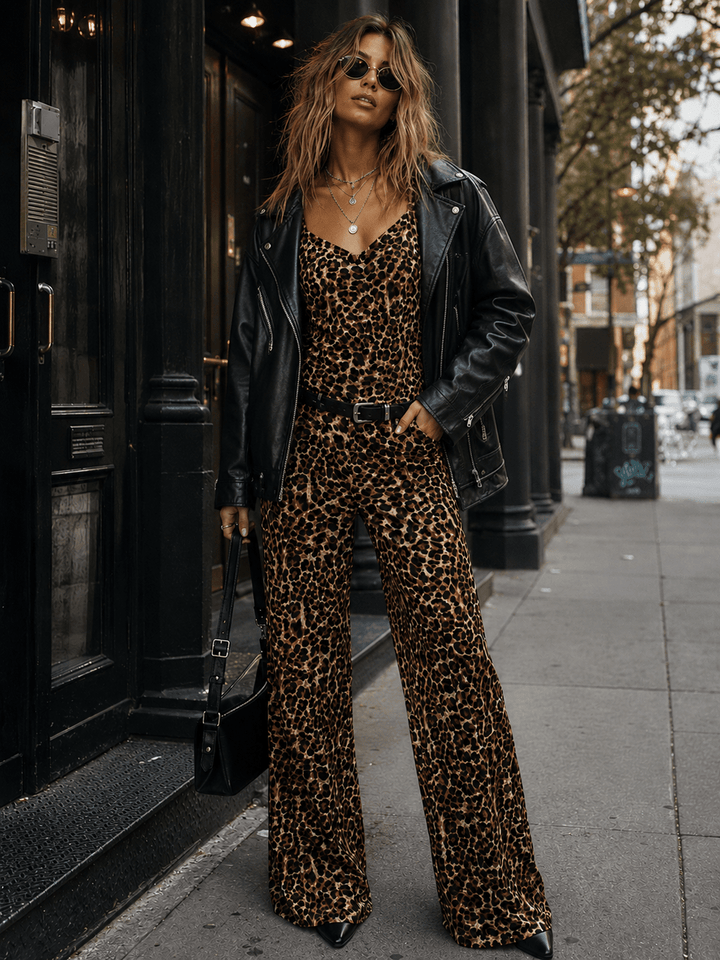 WOMEN'S SLEEVELESS ELASTIC EAIST ANIMAL PRINT WIDE LEG JUMPSUIT