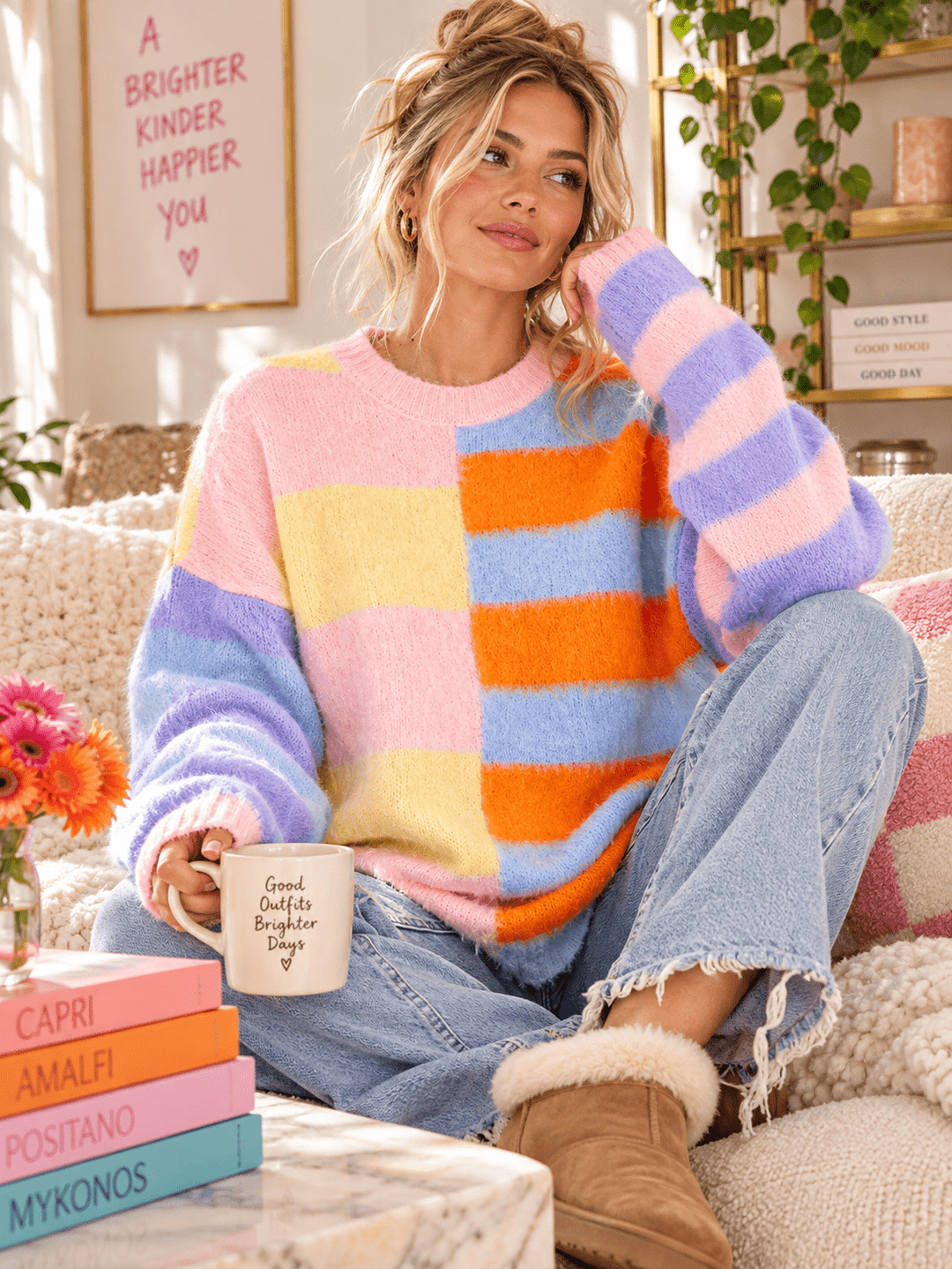 WOMEN'S LONG SLEEVE COLORBLOCK STRIPES OVERSIZED PULLOVER SWEATER