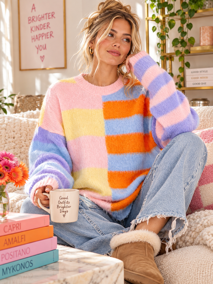 WOMEN'S LONG SLEEVE COLORBLOCK STRIPES OVERSIZED PULLOVER SWEATER