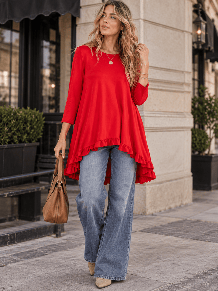 WOMEN'S 3/4 SLEEVES RUFFLE BOTTOM HEM TUNIC HIGH-LOW TOP