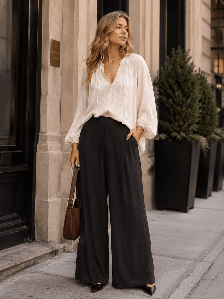 WOMEN'S ELASTIC WAIST FRONT POCKETS WIDE LEG SOLID PANTS