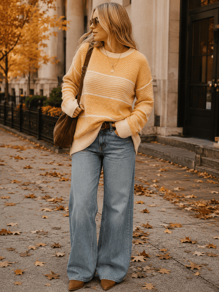 WOMEN'S LONG SLEEVE DETAILED COLORBLOCK KNIT PULLOVER SWEATER