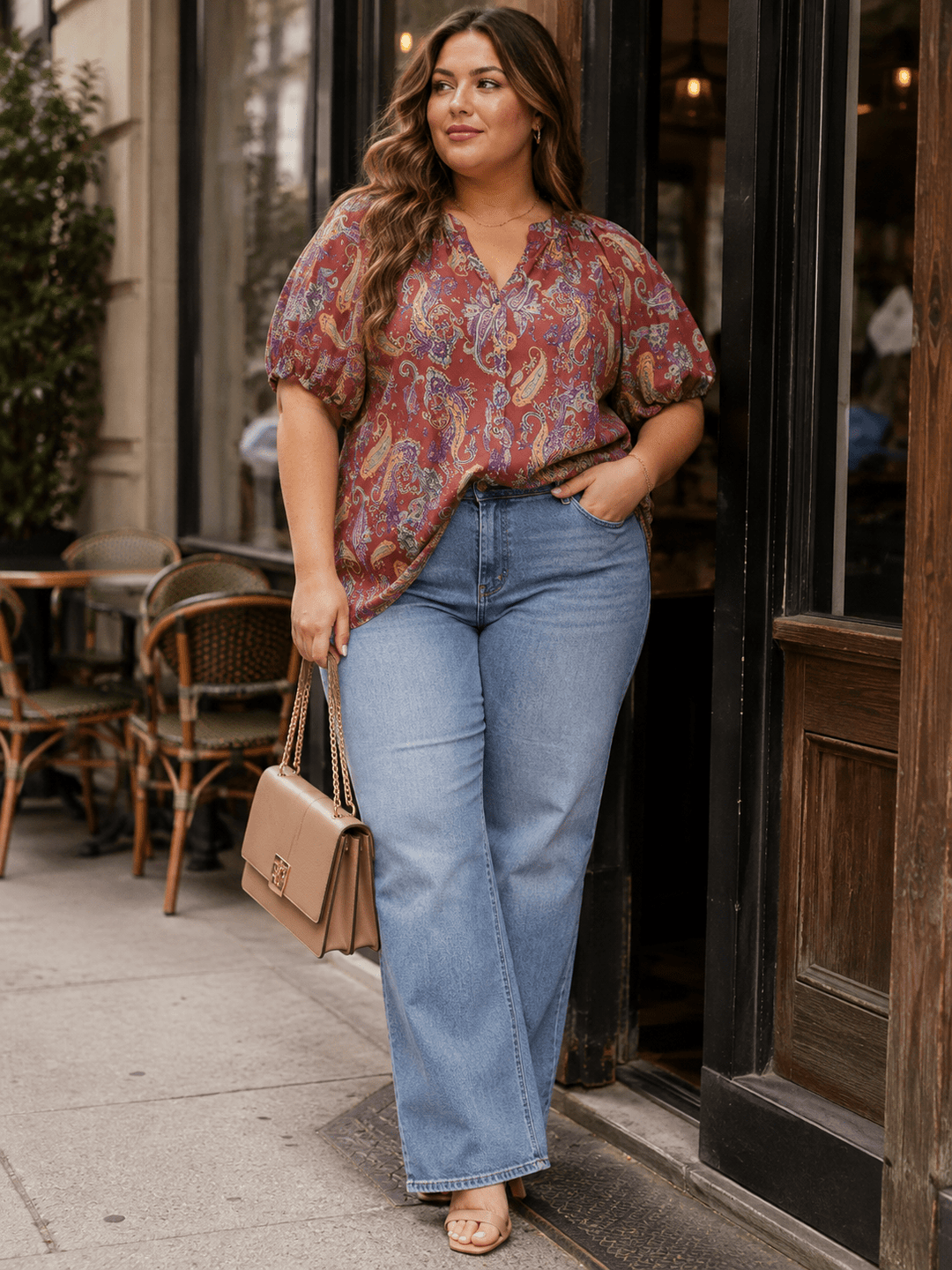 PLUS SIZE SHORT PUFF SLEEVE V-NECK MULTI PRINT BLOUSE