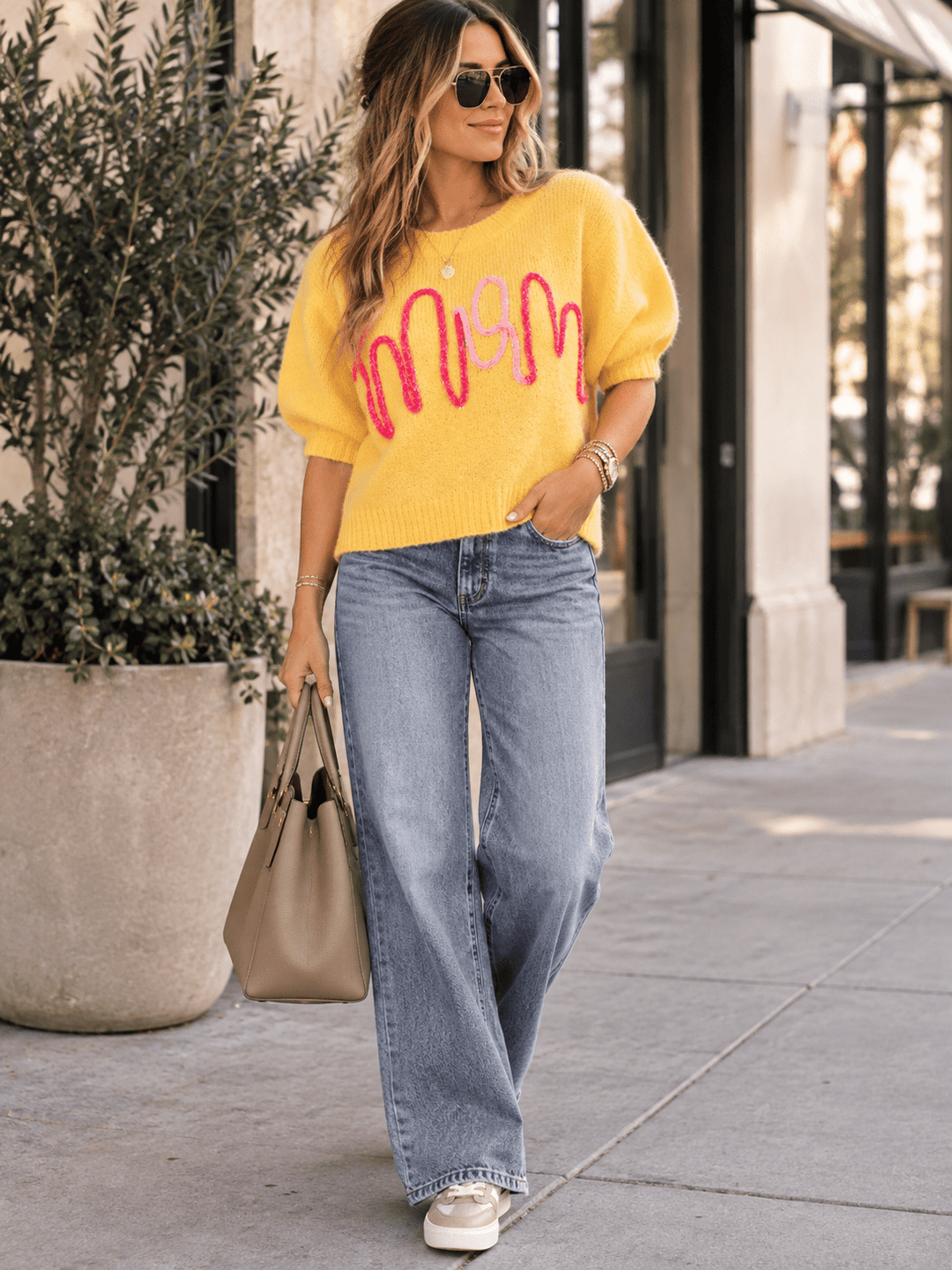 WOMEN'S SHORT SLEEVE MOM SWEATER TOP