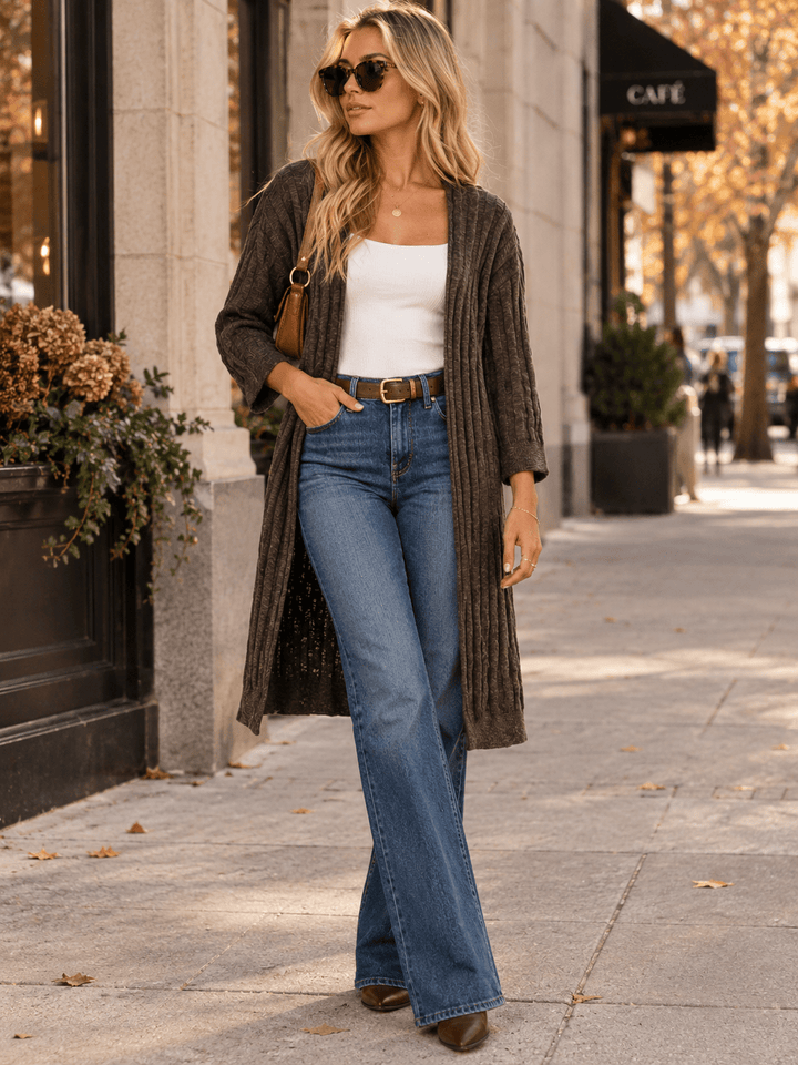 WOMEN'S LONG SLEEVE OPEN FRONT RIBBED CARDIGAN