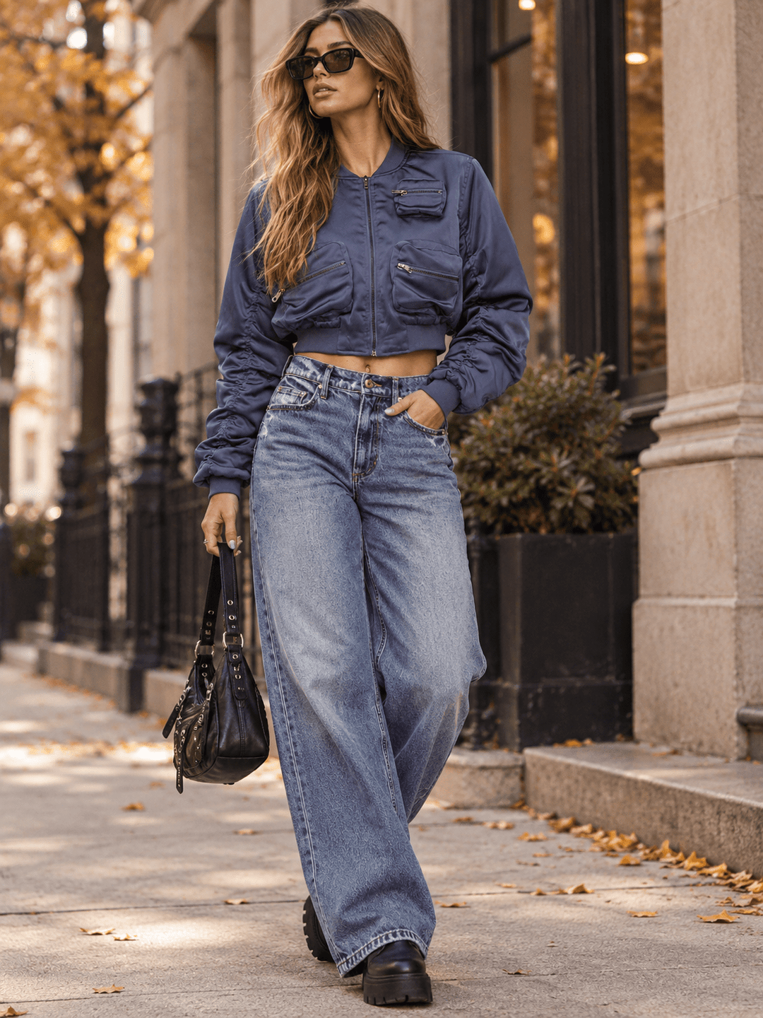 WOMEN'S LONG RUCHED SLEEVE ZIP UP FRONT POCKETS BOMBER JACKETS
