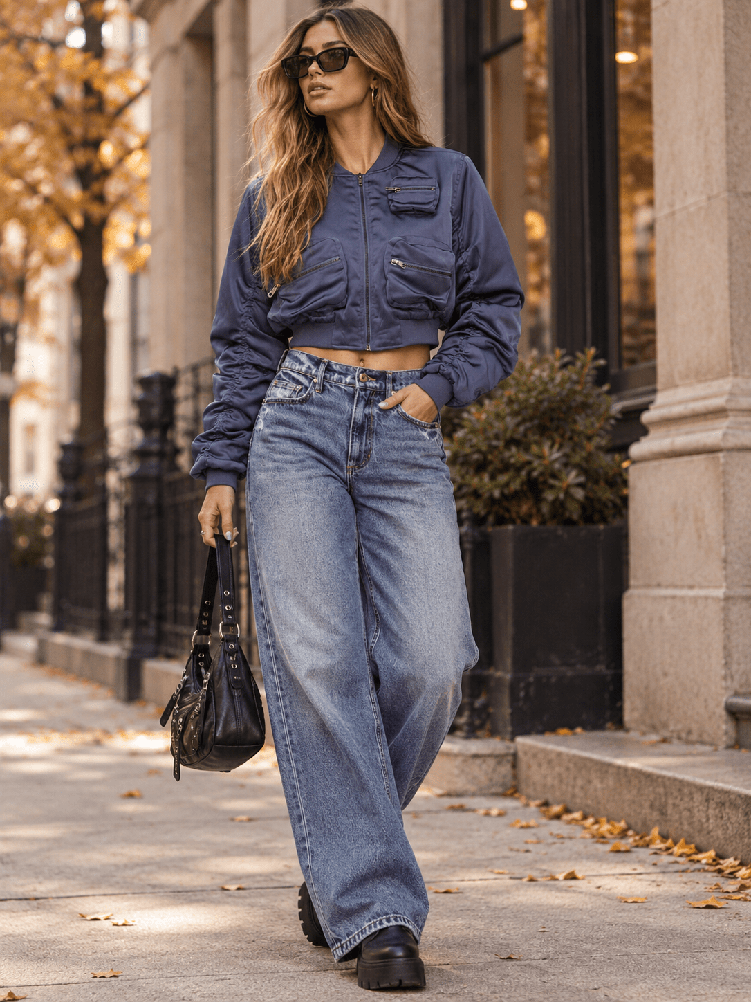 WOMEN'S LONG RUCHED SLEEVE ZIP UP FRONT POCKETS BOMBER JACKETS