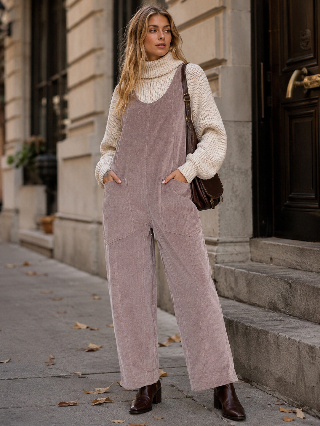 WOMEN'S SLEEVELESS FRONT POCKETS WIDE LEG CORDUROY JUMPSUIT