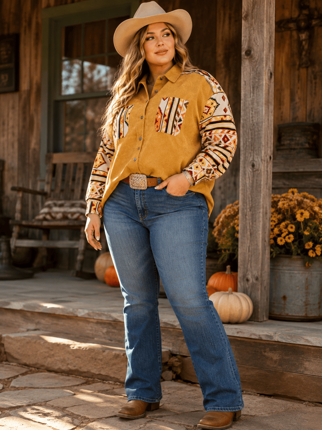 PLUS SIZE LONG SLEEVE BUTTON CLOSURE FRONT POCKETS PRINT DENIM JACKET