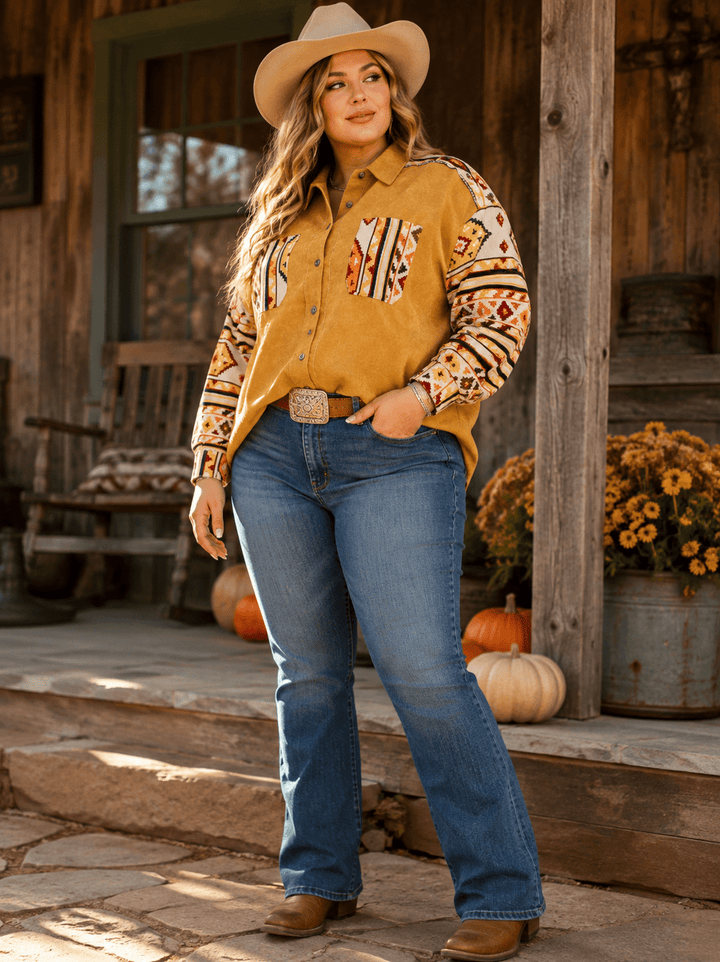 PLUS SIZE LONG SLEEVE BUTTON CLOSURE FRONT POCKETS PRINT DENIM JACKET